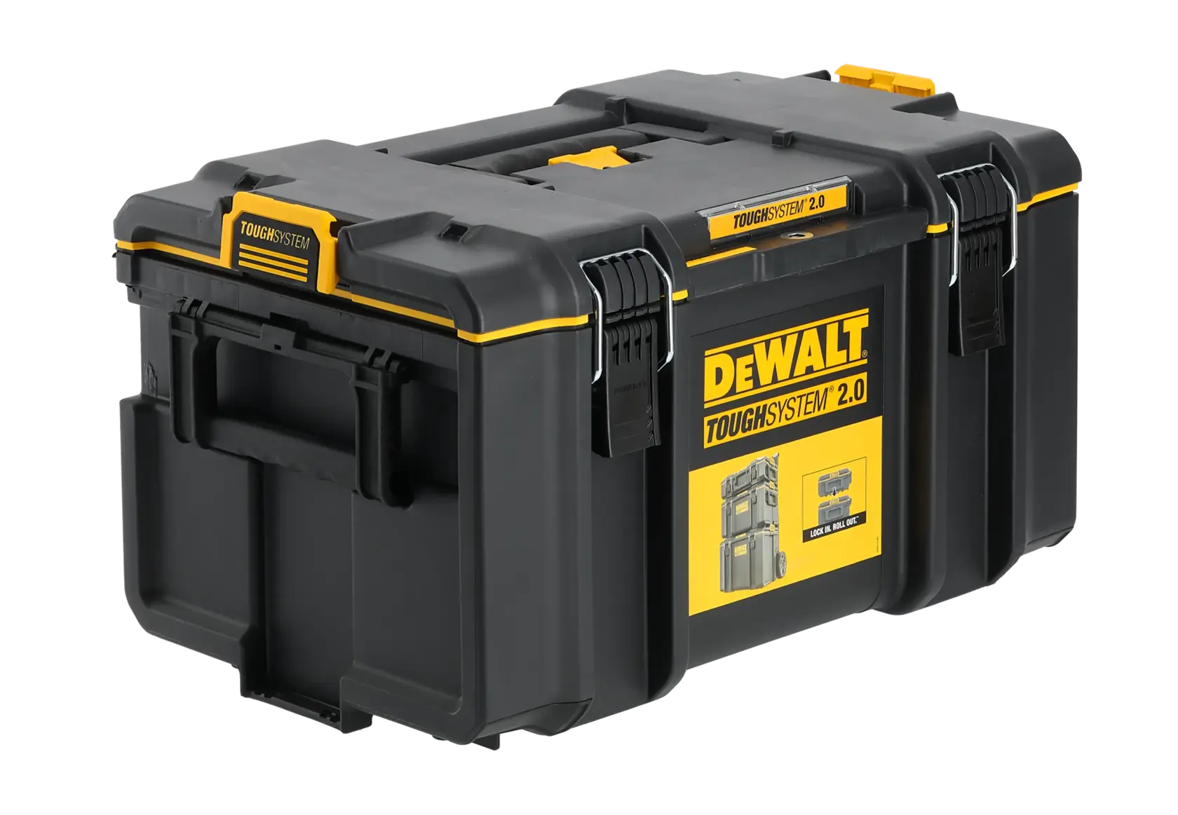 DEWALT TOUGHSYSTEM 2.0 black and yellow tool box with handle and secure latches, shown on a white background.