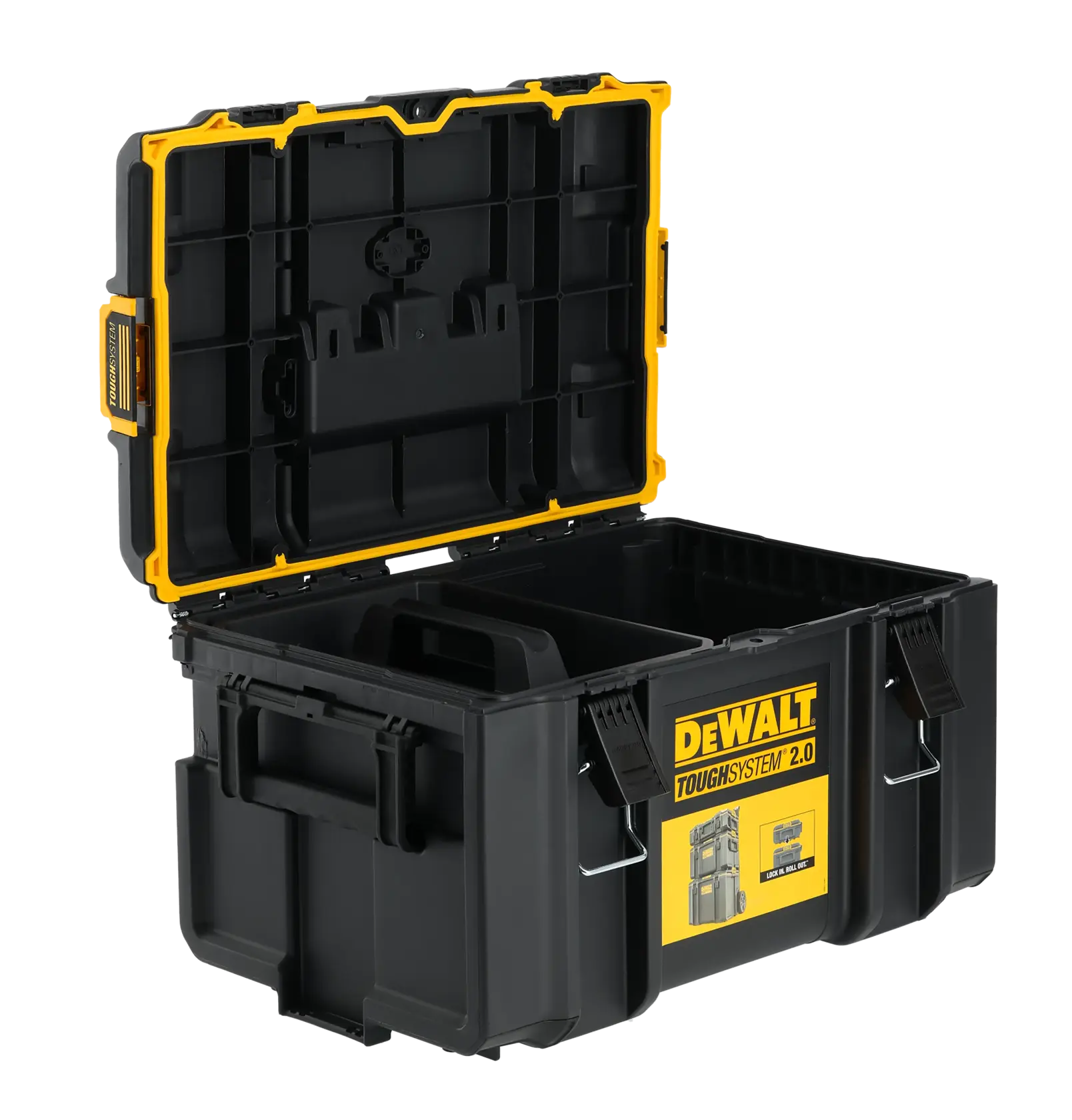 DEWALT ToughSystem 2.0 black toolbox with open lid and divided storage inside.