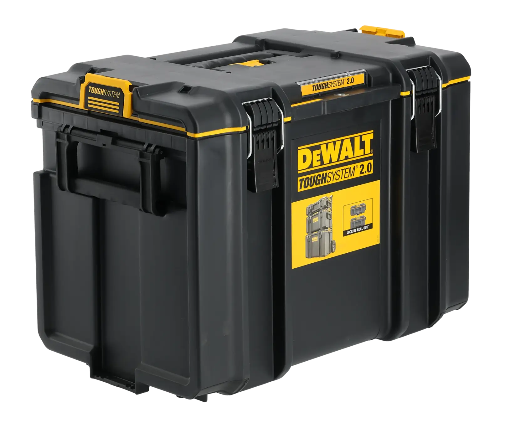 DEWALT ToughSystem 2.0 black tool storage box with yellow accents and sturdy latches.