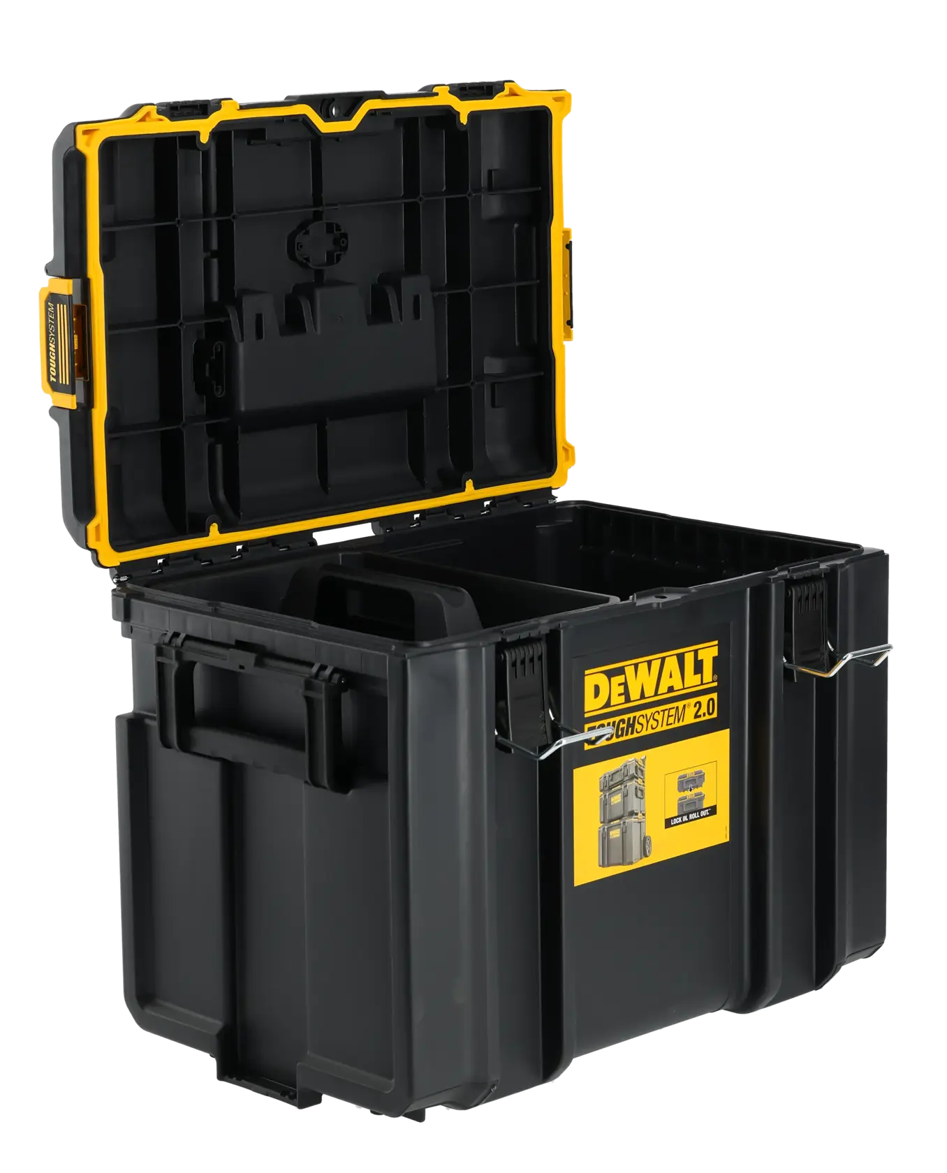 DEWALT black tool storage box with open lid and yellow accents, labeled ToughSystem 2.0.