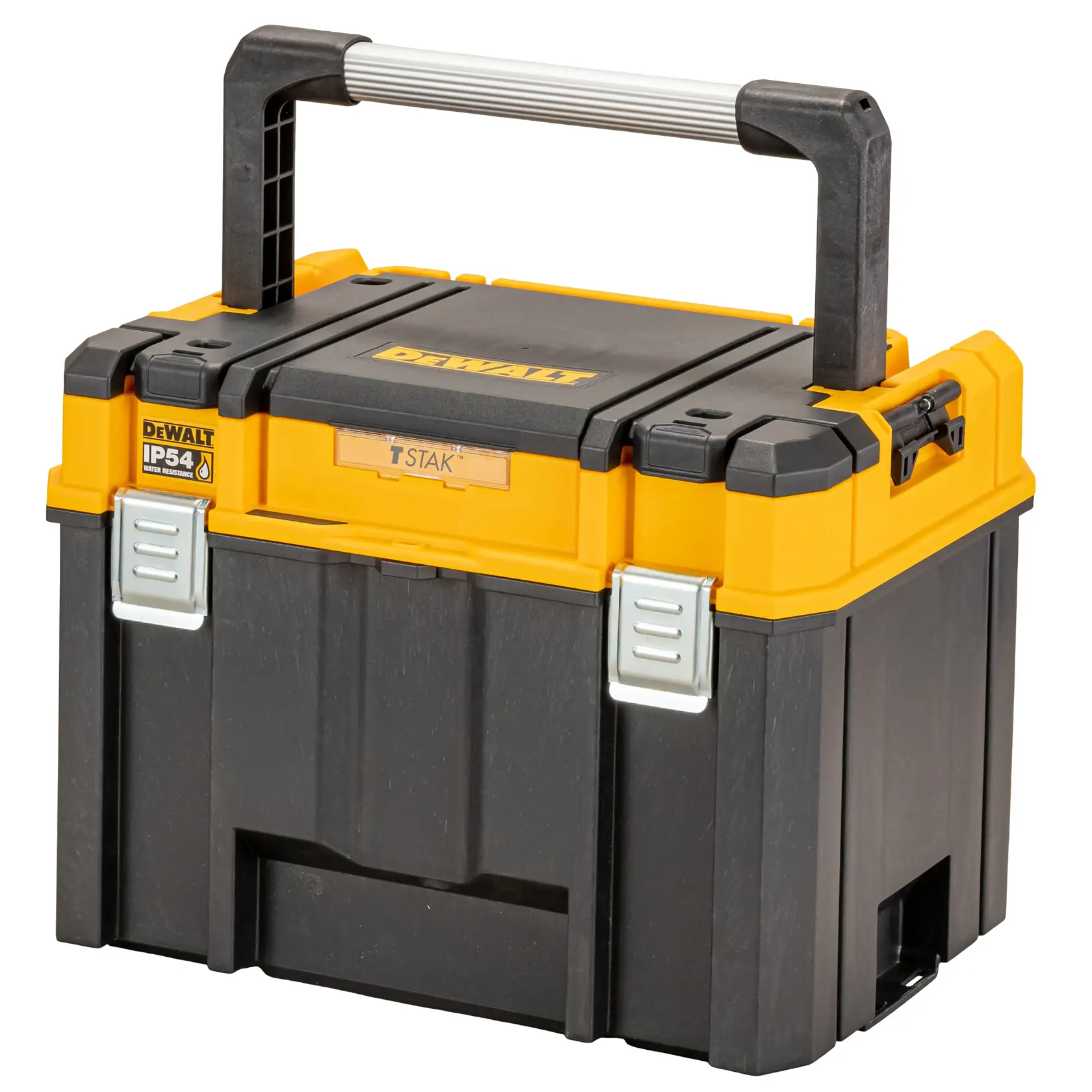 Black and yellow DEWALT toolbox with sturdy handle and metal latches for secure storage.