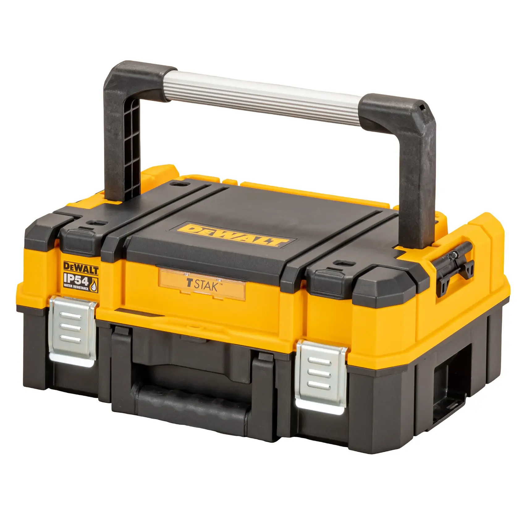 DEWALT DWST83344-1 yellow and black toolbox with a sturdy handle and lockable latches, suitable for tool storage.