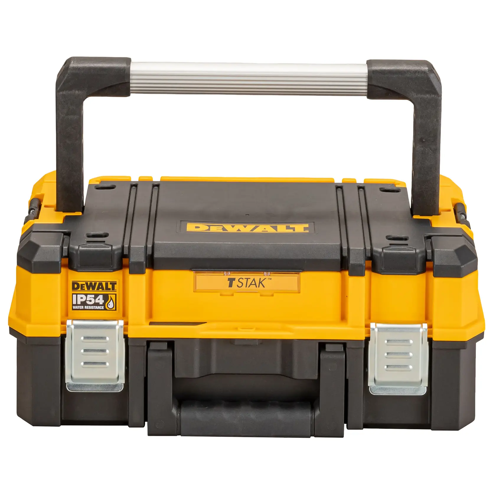 DEWALT TSTAK IP54 tool box with black and yellow design and a sturdy handle, shown from the front.