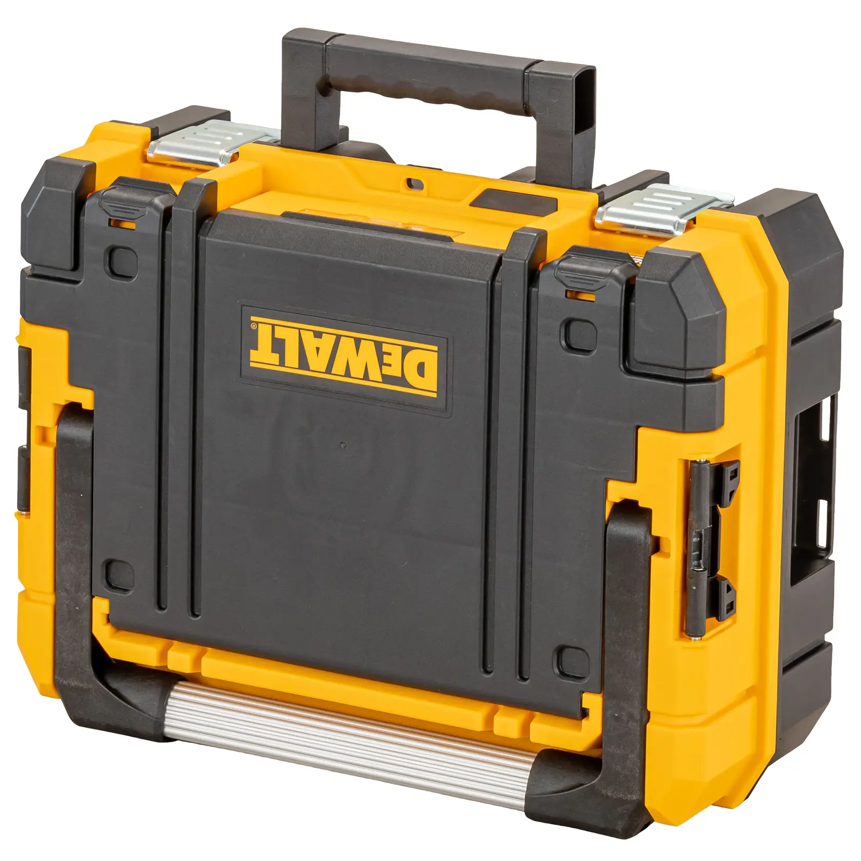 Dewalt black and yellow tool case with handle and secure metal latches, designed for storage and transport.