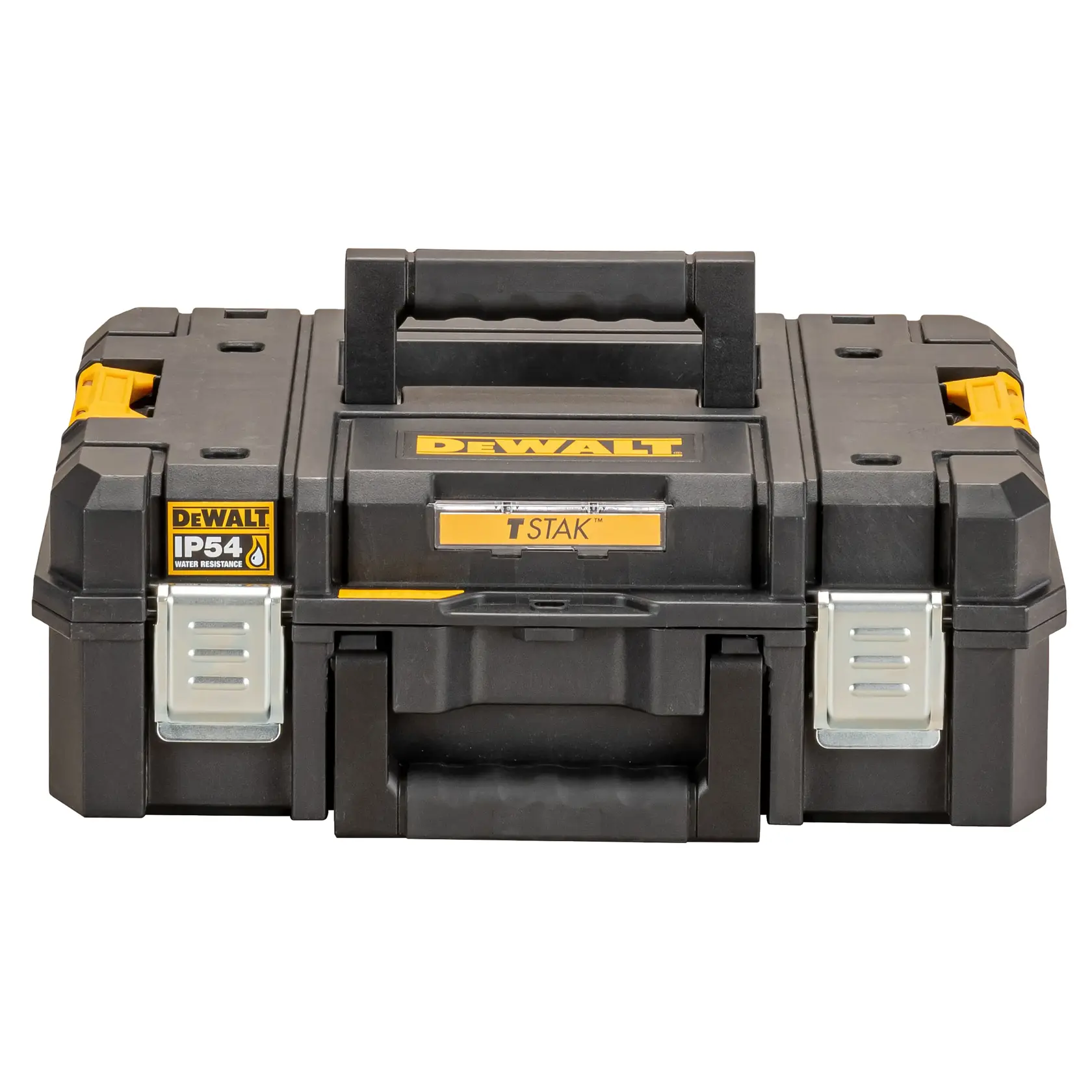 DEWALT TSTAK IP54 water-resistant black tool box with handles and metal latches.
