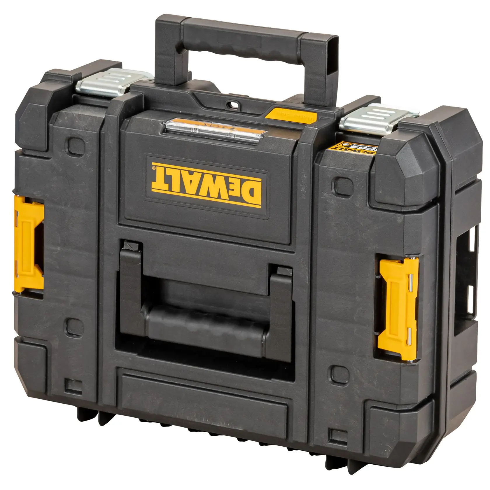 Black DEWALT hard plastic tool case with yellow accents, sturdy handles, and secure metal latches.