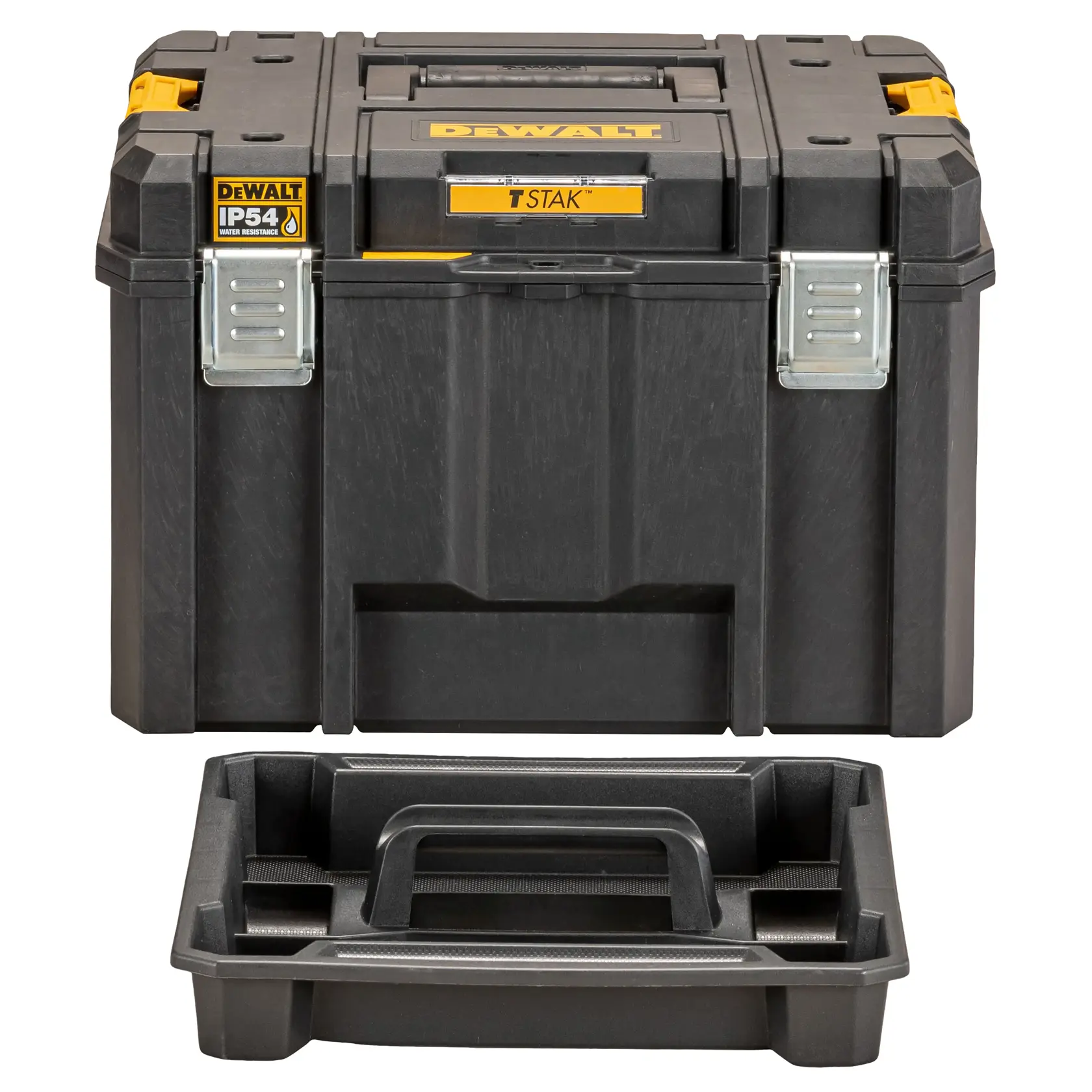 DEWALT black tool storage box with metal latches and removable tray shown in front.