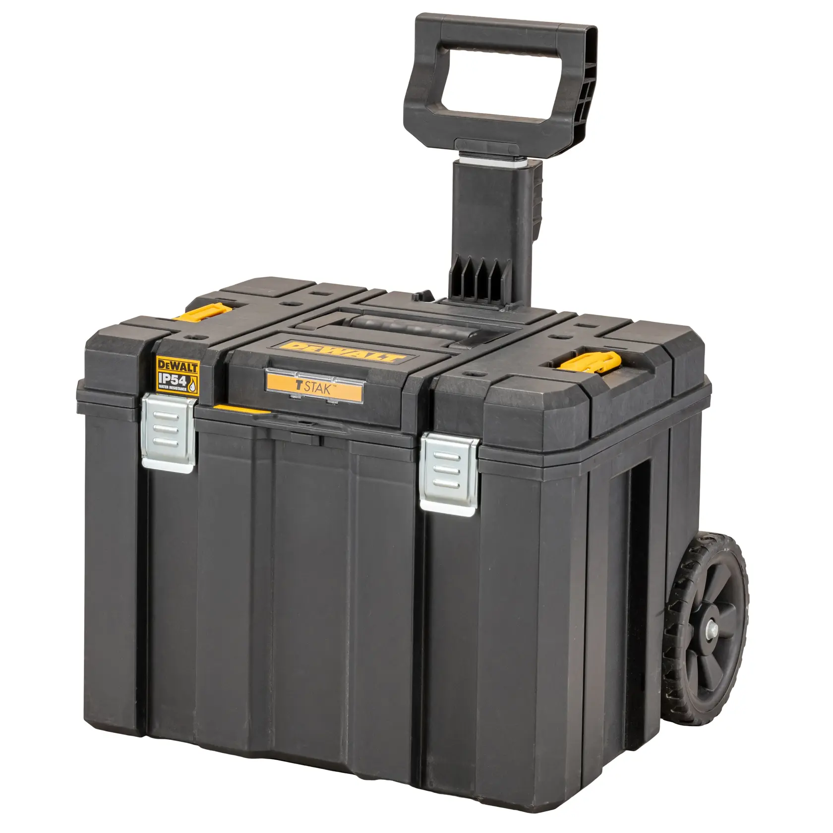 Black DEWALT wheeled tool box with telescopic handle and yellow accents.