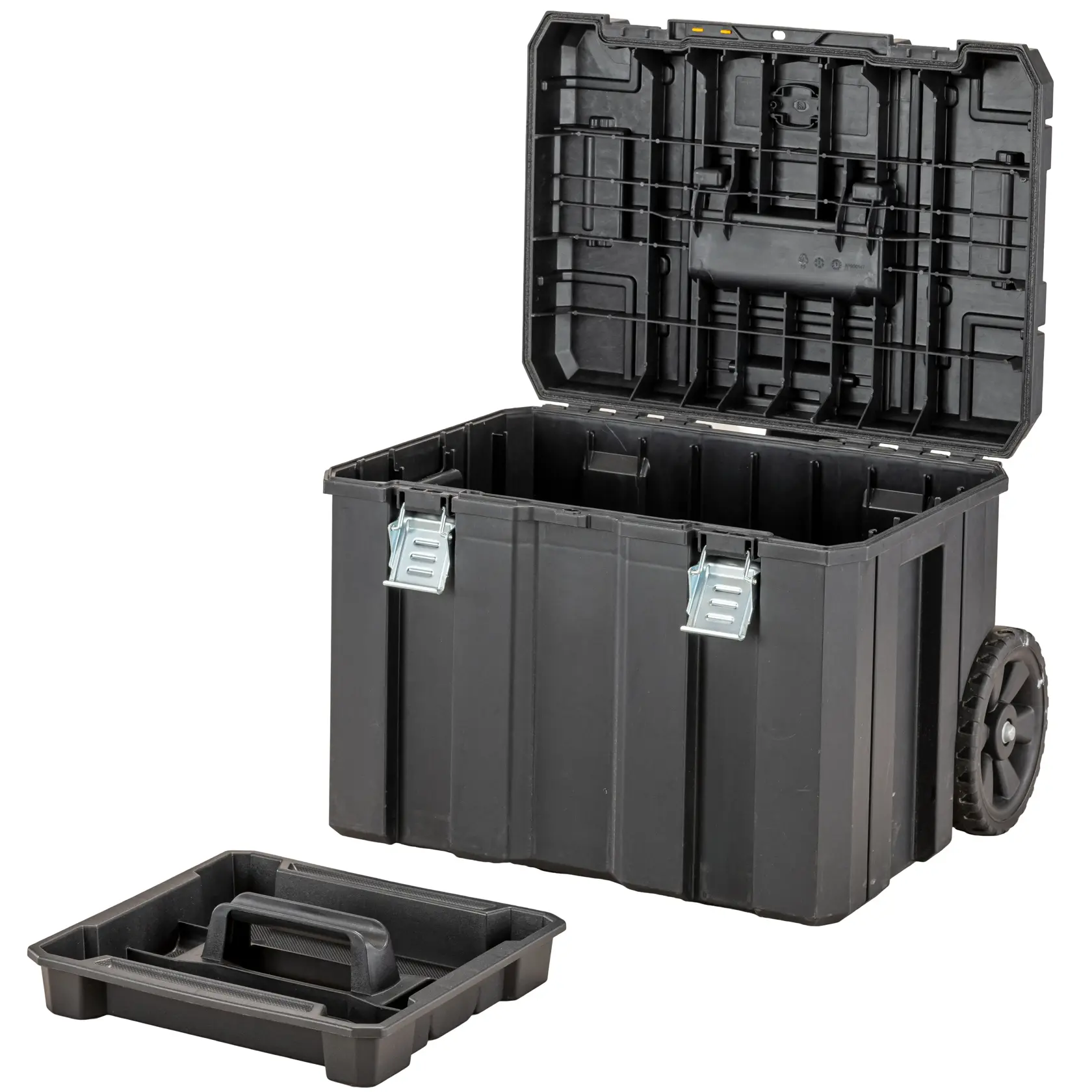Black wheeled tool box with open lid and removable tray placed in front.