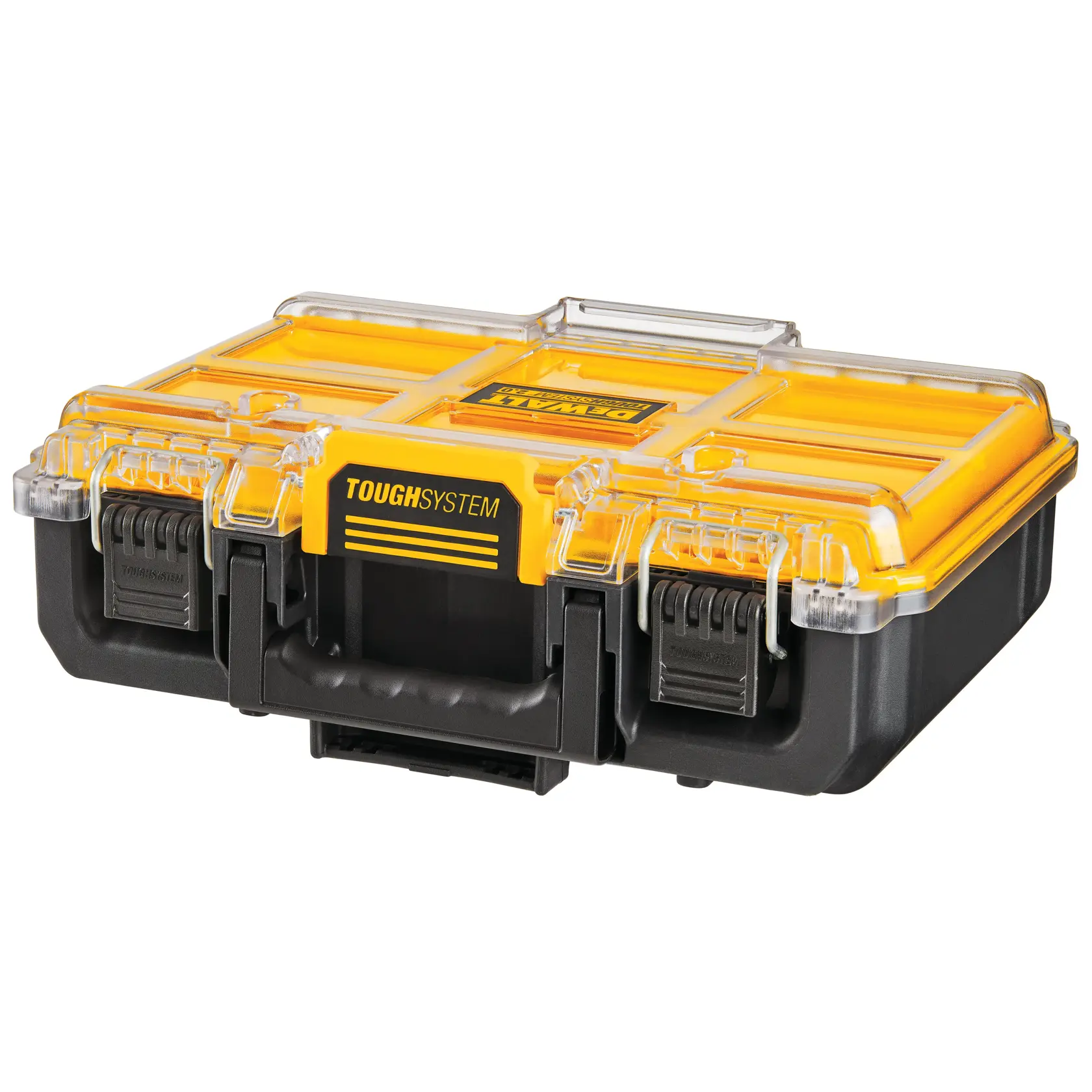 Sturdy DEWALT ToughSystem tool box with yellow lid, transparent locks and black base.