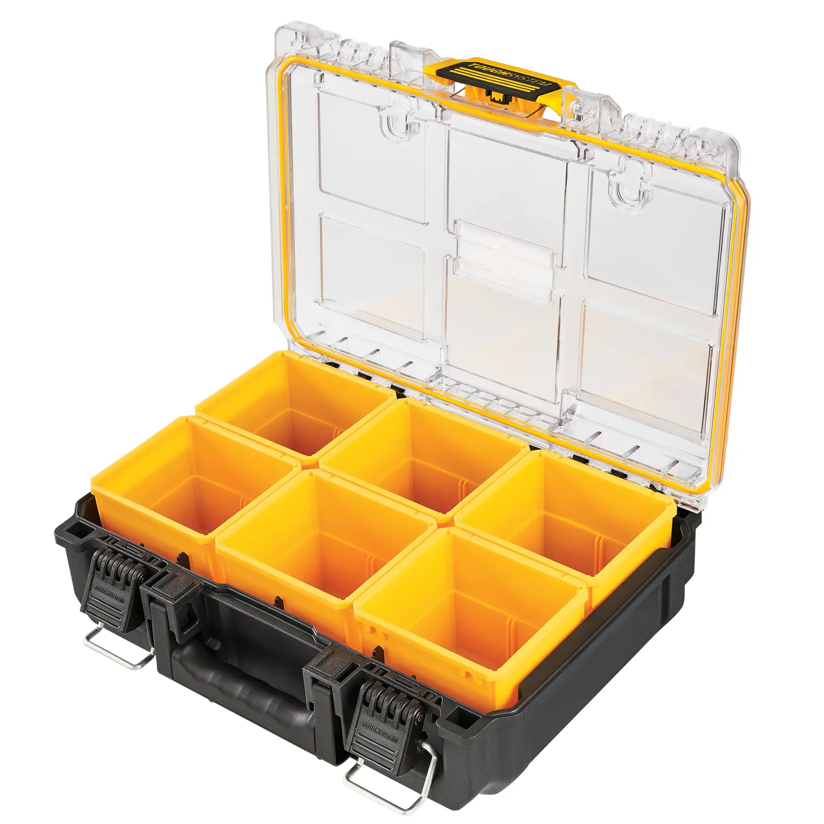 Open DEWALT organiser case with clear lid and six yellow removable compartments for tool storage.