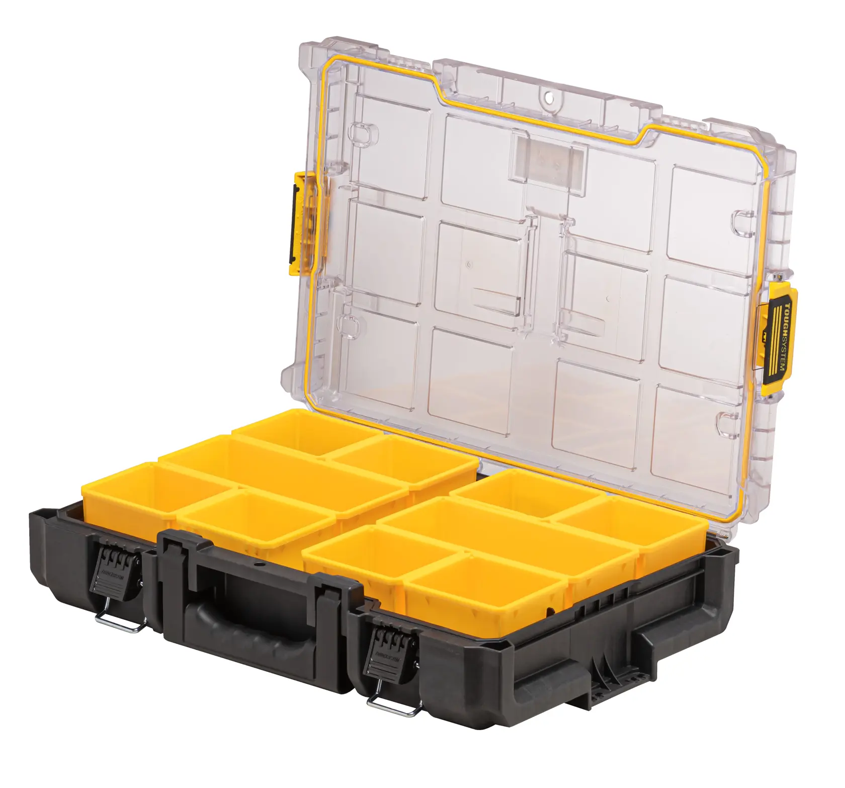 Open DEWALT organizer case with yellow removable compartments and transparent lid.