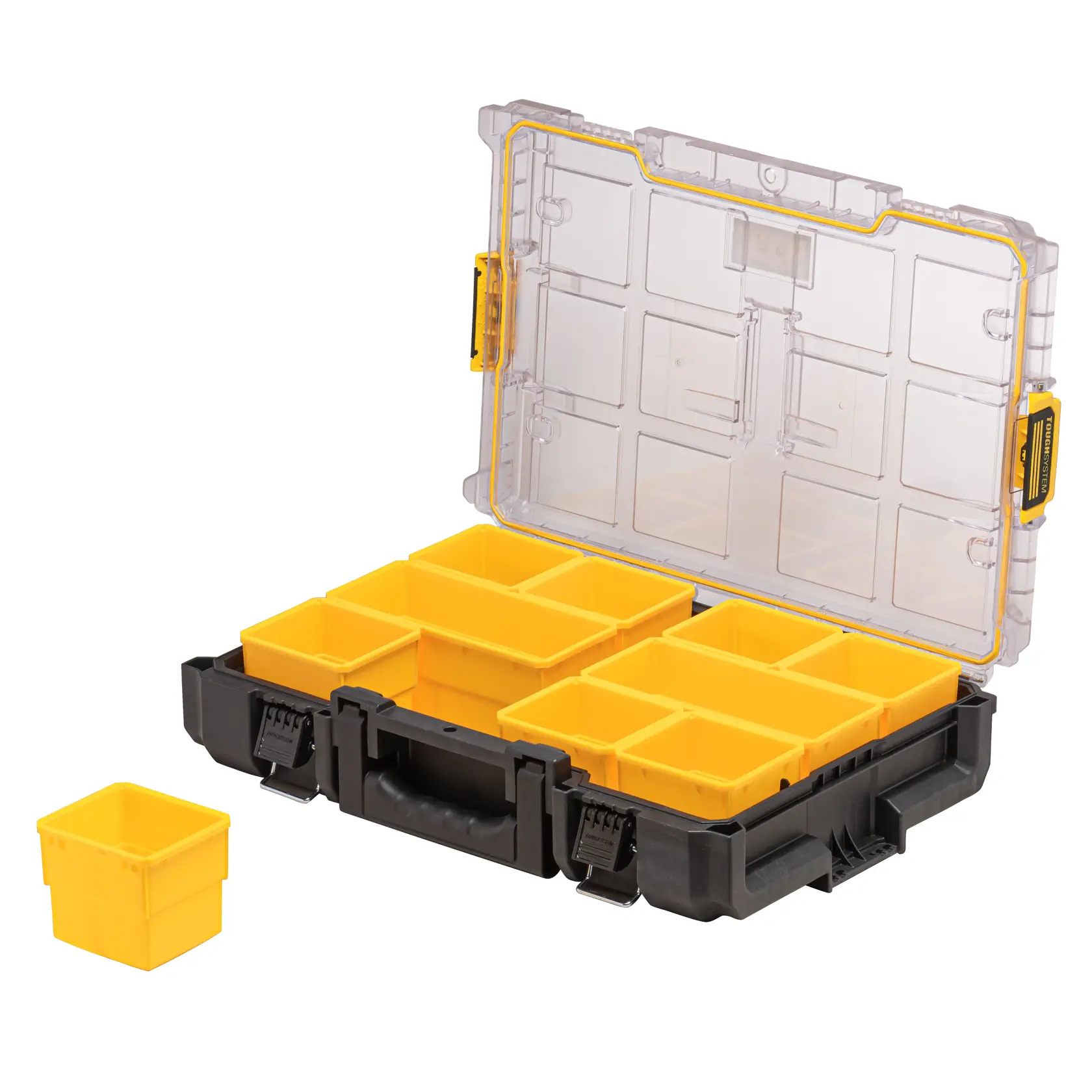 DEWALT organizer case with open clear lid and removable yellow compartments for storage.
