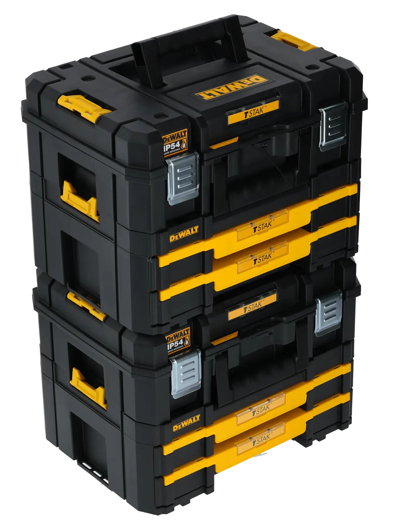 DEWALT TSTAK tool boxes stacked, models DWST83395 and DWST83395-1, black and yellow.