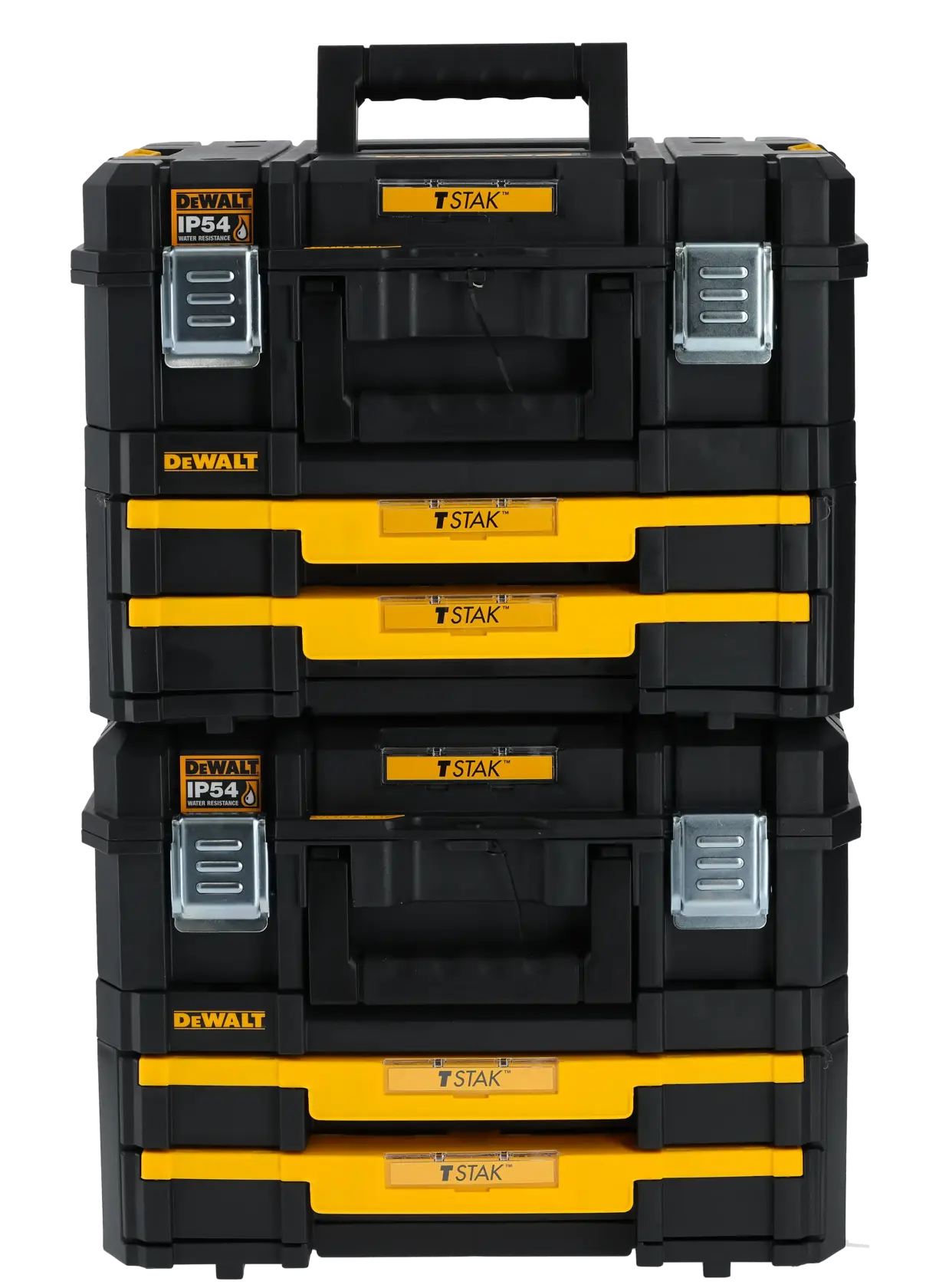 DEWALT TSTAK storage boxes, stackable, black/yellow. SKUs: DWST83395, DWST83395-1. Photography category.