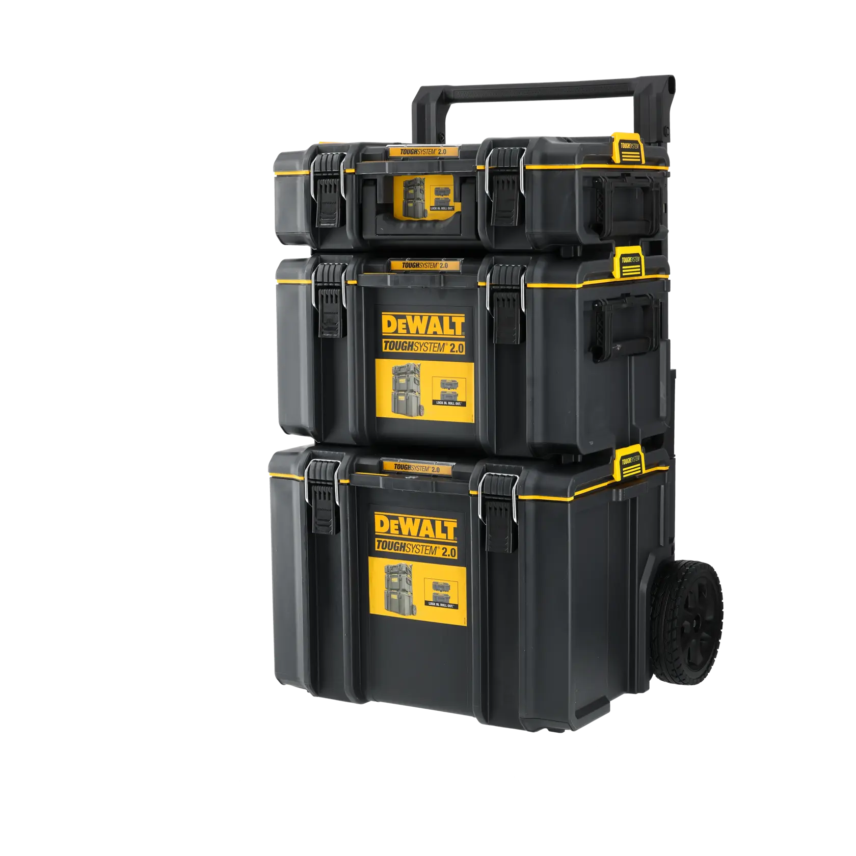Three stacked DEWALT ToughSystem 2.0 toolboxes with wheels and handle, designed for secure portable storage.