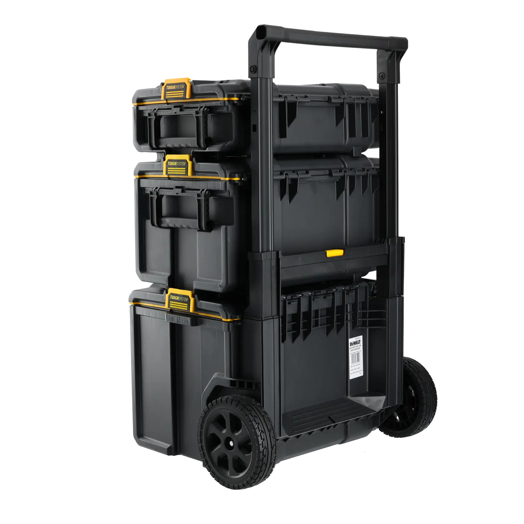 DEWALT stackable toolboxes on a wheeled trolley, black with yellow accents, suitable for organizing tools.