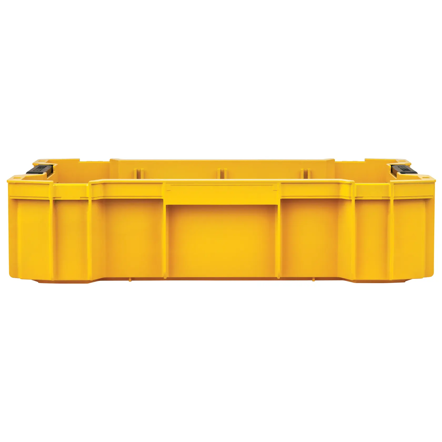 Yellow DEWALT storage box with black latches, shown from the front, suitable for tools or accessories.