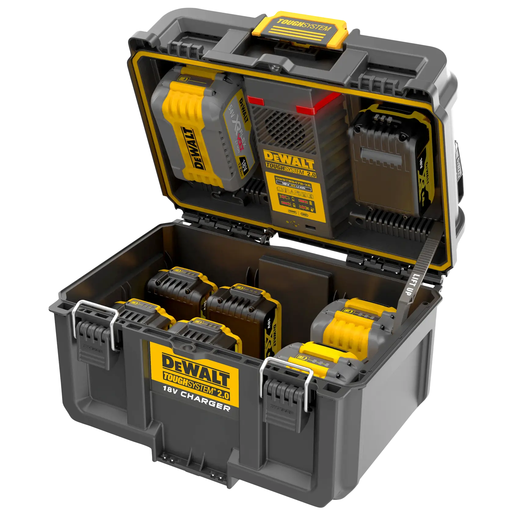 Valigetta DEWALT ToughSystem 2.0 aperta con caricatore 18V e più batterie per utensili e ricarica.