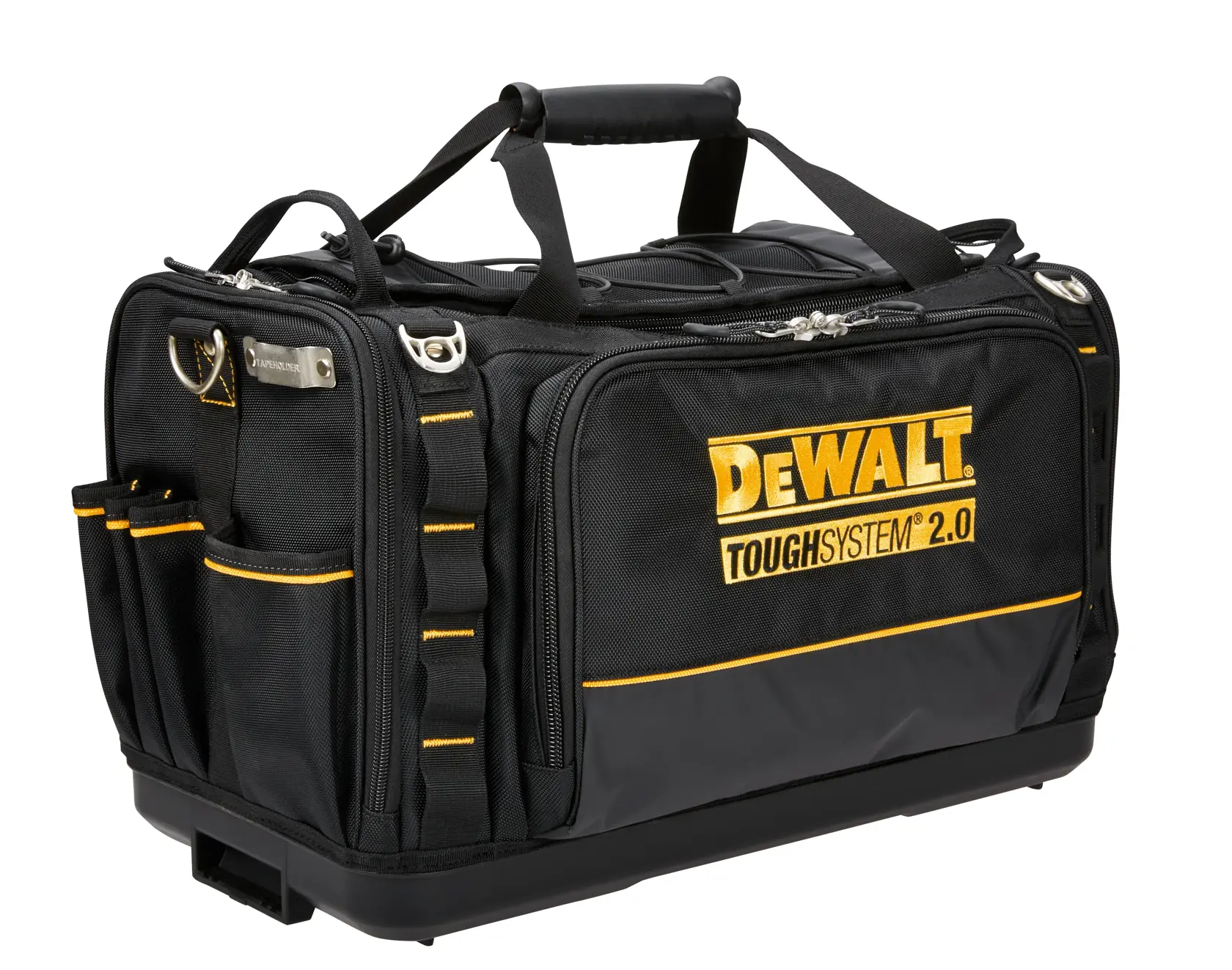 DEWALT ToughSystem 2.0 black tool bag with multiple pockets and sturdy handles.