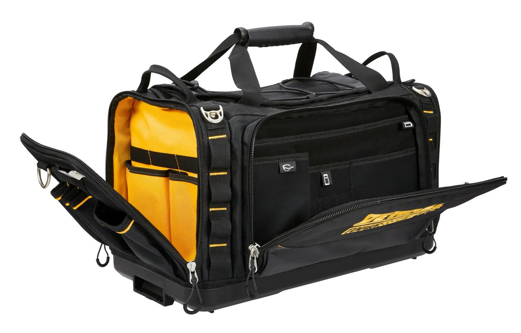 DEWALT tool bag with open compartments, black and yellow, durable handles and zippered pockets.