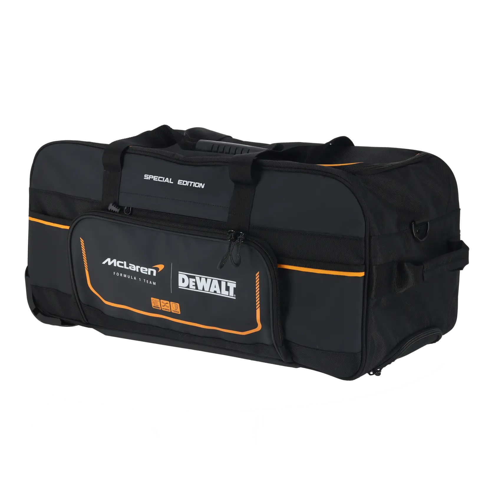 Black DEWALT McLaren tool bag, special edition, with orange accents and zippered front pocket.