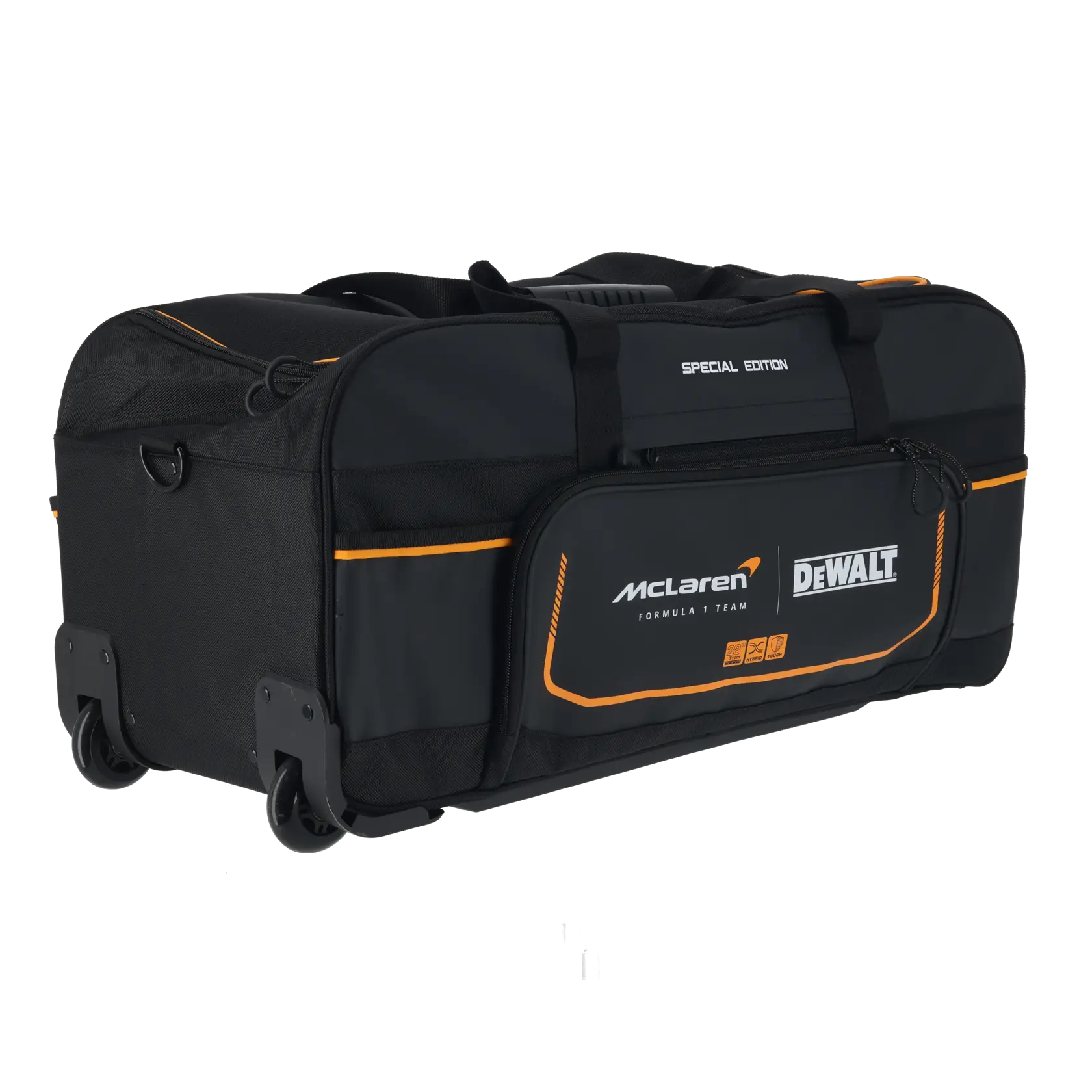 Black DEWALT McLaren special edition tool bag with wheels and orange accents, side pocket and handles.