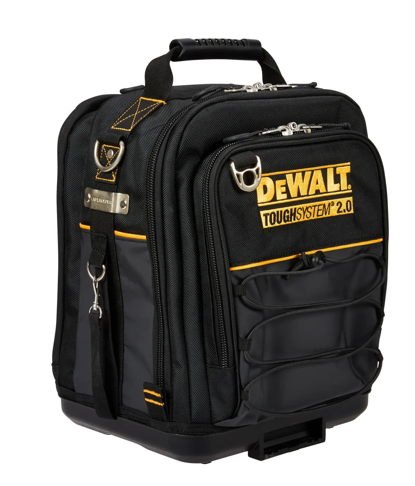 Black DEWALT ToughSystem 2.0 photography backpack with multiple pockets and sturdy handle.