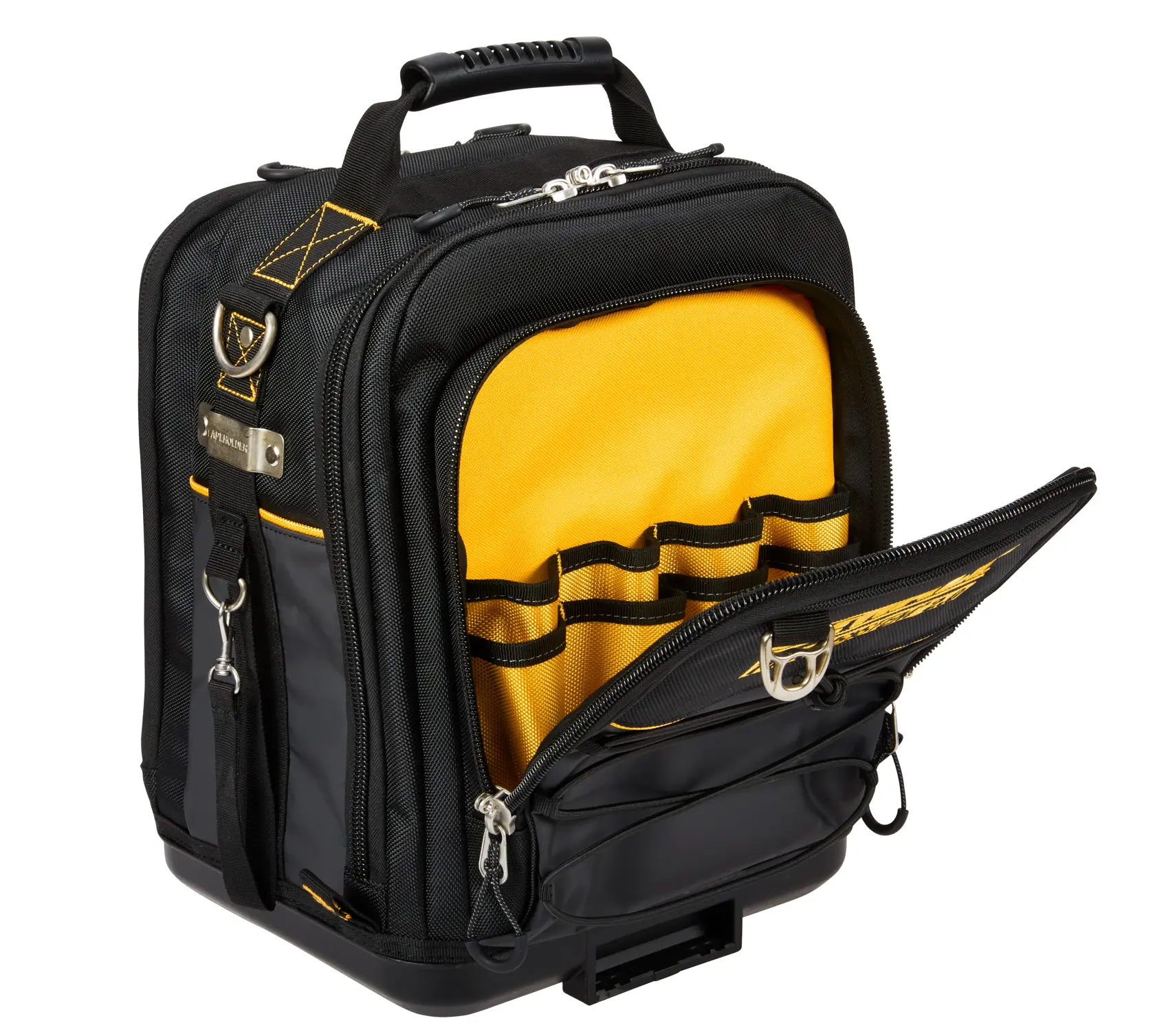 Black and yellow DEWALT backpack with front pocket open, showing internal storage slots and compartments.