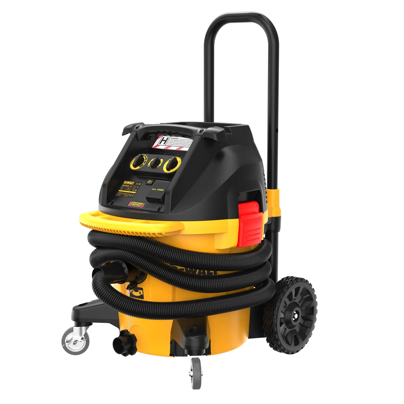 DEWALT DWV905H industrial wet and dry vacuum cleaner with dual wheels and a sturdy handle, featuring a coiled hose around the body and a yellow and black design.