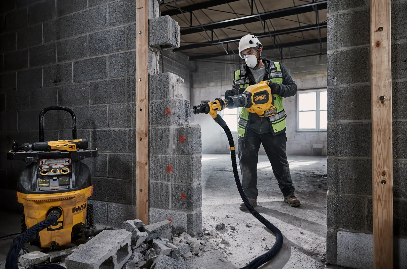 Worker uses DEWALT DWV905H vacuum and drill to demolish a concrete wall at a construction site.