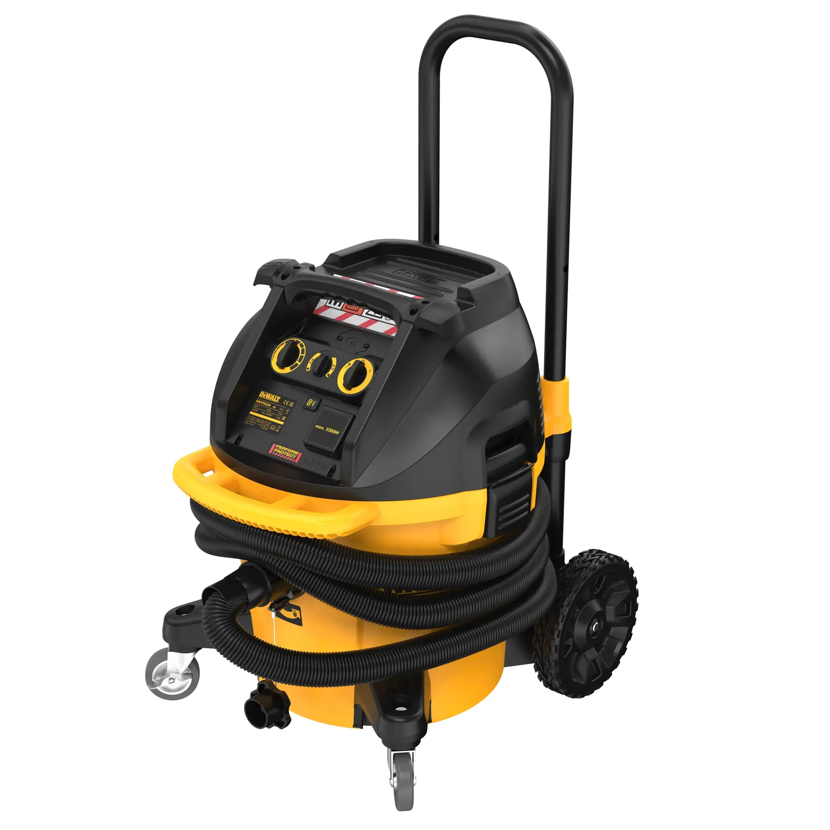 A DEWALT DWV905M industrial vacuum cleaner designed for construction and workshops. The vacuum is yellow and black, with a sturdy handle, wheels, and a wrapped hose around the body. The control panel is visible at the top with various dials and switches.