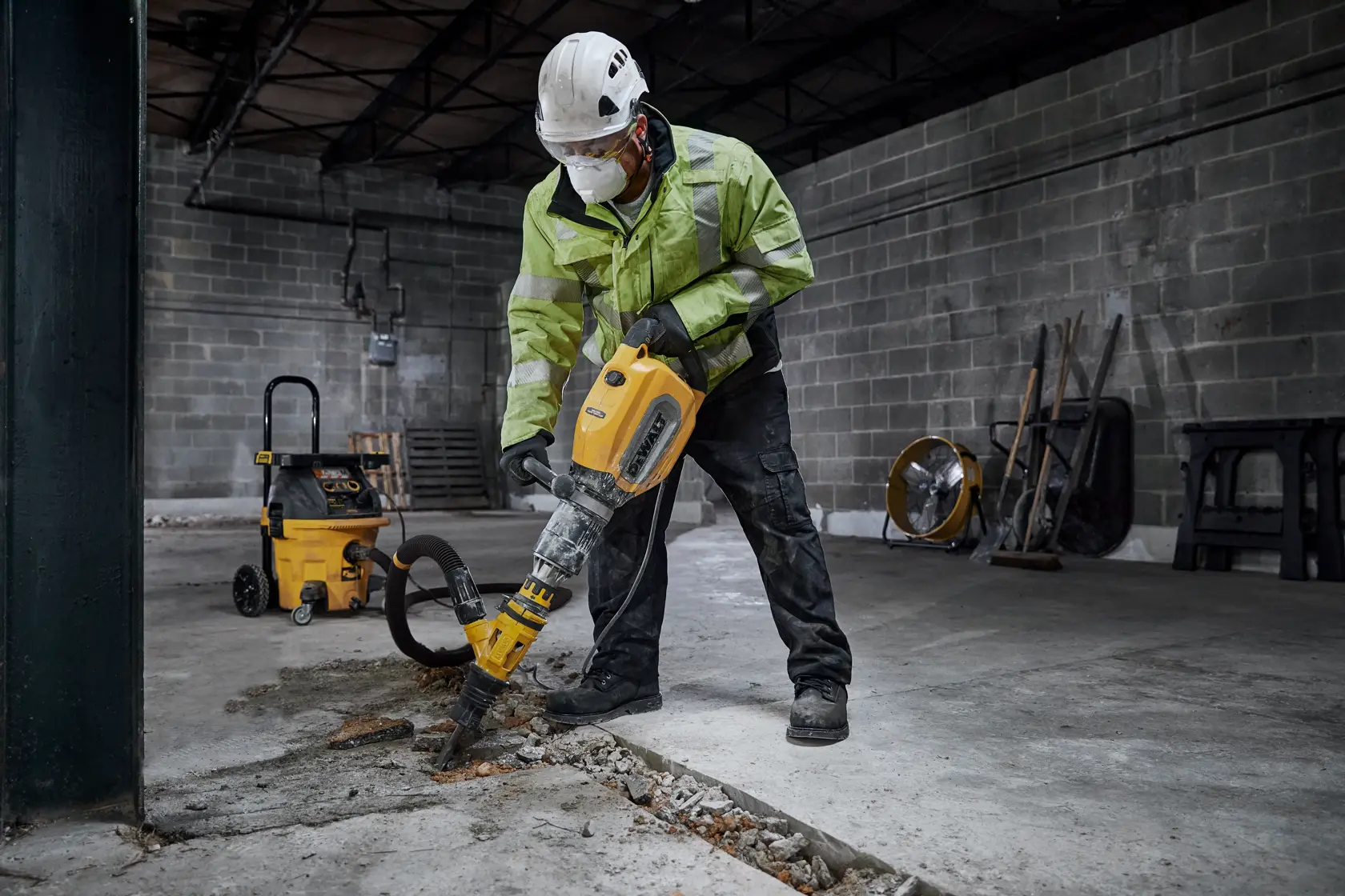 Worker using a DEWALT tool to break concrete in an industrial setting. Safety gear and vacuum visible.