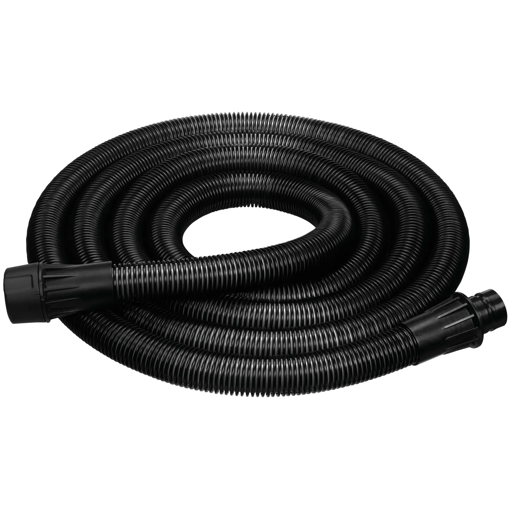 Manguera flexible negra enrollada con conectores en ambos extremos, adecuada para usar con aspiradoras o extractores de polvo.