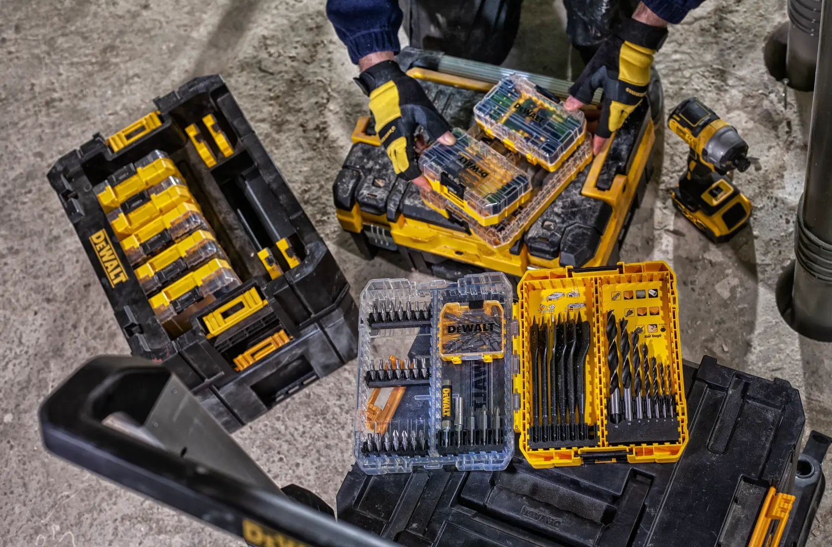 DEWALT tools and cases on site. SKUs: DWST83454-1, DWST1-71196, DT70716, DT70758. Photography product display.