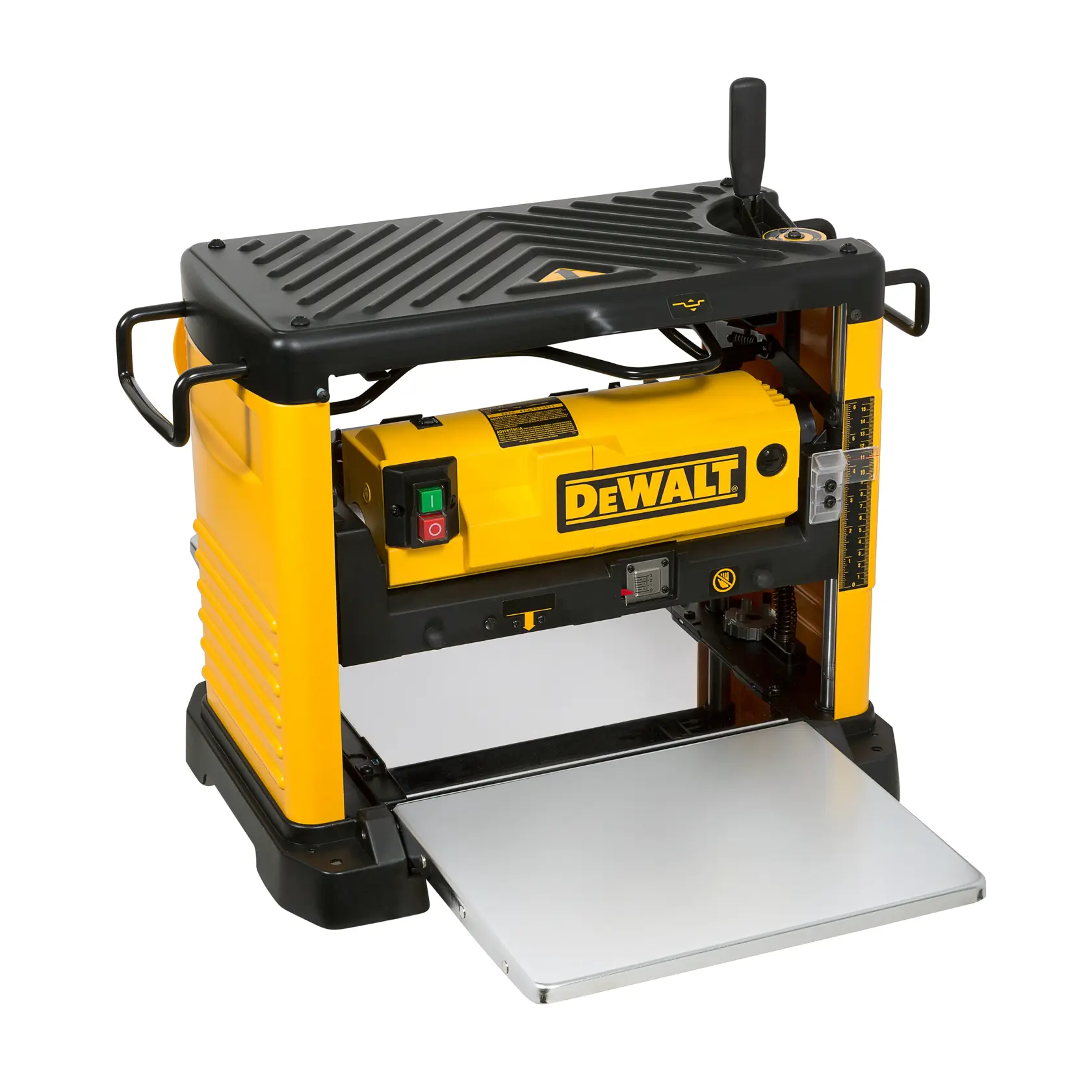 DEWALT DW733 yellow benchtop planer with black handles and metal base, used for woodworking projects.